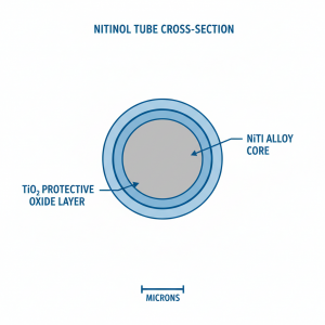 Nitinol tube cross-section showing TiO2 protective oxide layer preventing nickel release for biocompatibility